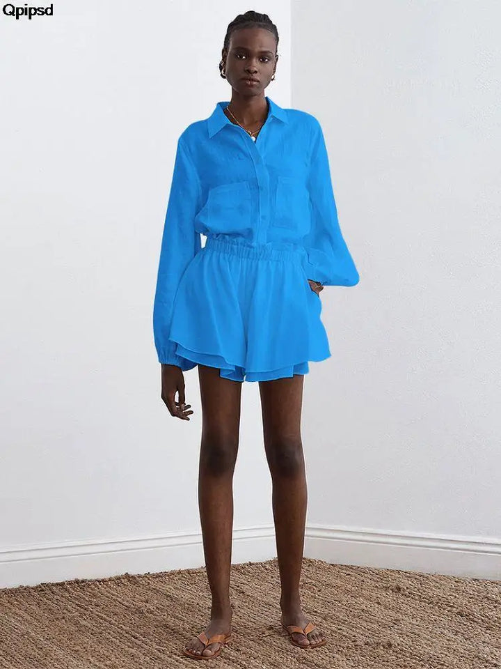 Women Casual Shirt Shorts Two Piece Summer New Fashion Personality Long Sleeved Shirt Loose Shorts Lady Simple Solid Color Suit