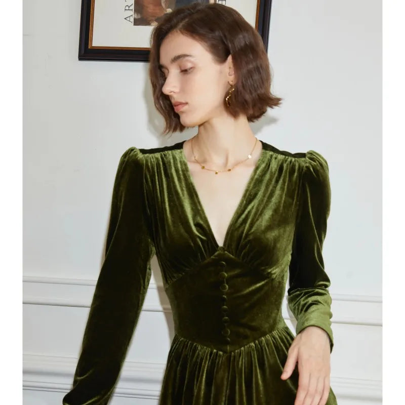 Velvet V-Neck Dress Women&