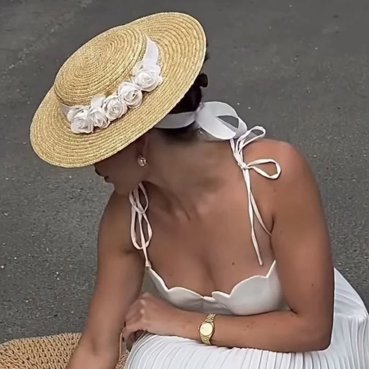 Ladies Straw Hat Sun Fedora Hats Hepburn hat Shiny European American Retro Gold Braided Female Sunshade Flat Sequins Hat gorras
