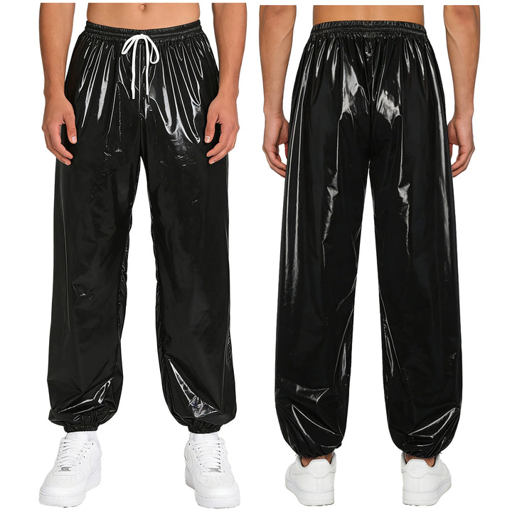 Mens Waterproof Jogger Pants Wet Look Drawstring Elastic Waistband Loose Track Pants Workout Cycling Motorcycle Biker Trousers