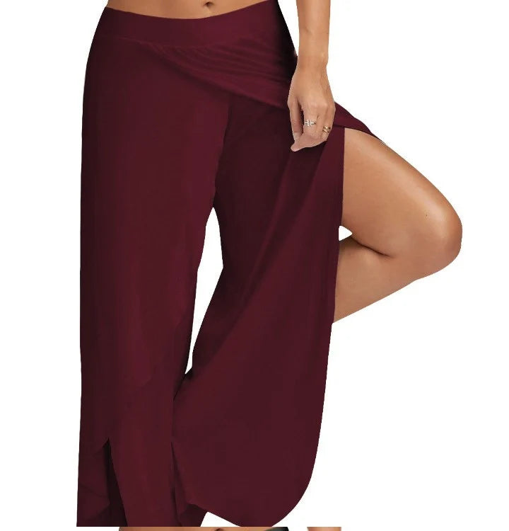 Women Plus Size Wide Leg Pants Loose Fitness Dance Yoga Split Trousers Female Elastic Wasit Casual Workout Solid Summer Clothing