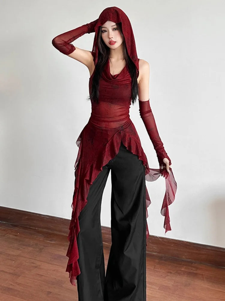 Hooded T Shirts For Women Streetwear See Through Mesh Y2k Tops Sleeve Cover Grunge Clothes Ruffles Ropa Mujer Gothic Camisetas