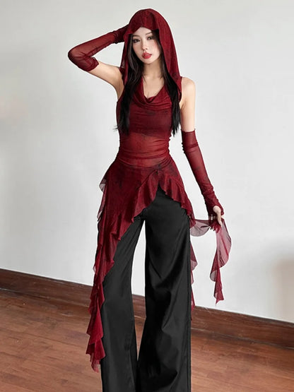 Hooded T Shirts For Women Streetwear See Through Mesh Y2k Tops Sleeve Cover Grunge Clothes Ruffles Ropa Mujer Gothic Camisetas