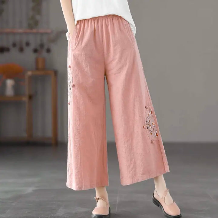 Fashion Women Embroidery High Waist Oversized Pants Summer Cotton Hemp Thin Elastic Band Loose Wide Leg Casual Straight Trousers