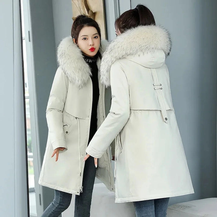 2026 New Women Winter Jacket 8XL Slim Long Coat Casual Parkas Big Fur Collar Wool Liner Hooded Outwear Cotton Warm Coats Female