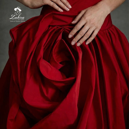 Women's Formal Evening Gowns Red A Line Evening Dress Luxury Folded Bodice 3D Rose Ruffle High Slit Satin Elegant Party Dresses