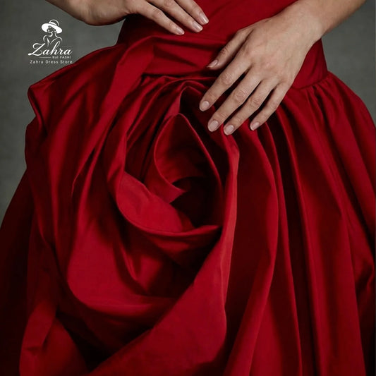 Women's Formal Evening Gowns Red A Line Evening Dress Luxury Folded Bodice 3D Rose Ruffle High Slit Satin Elegant Party Dresses
