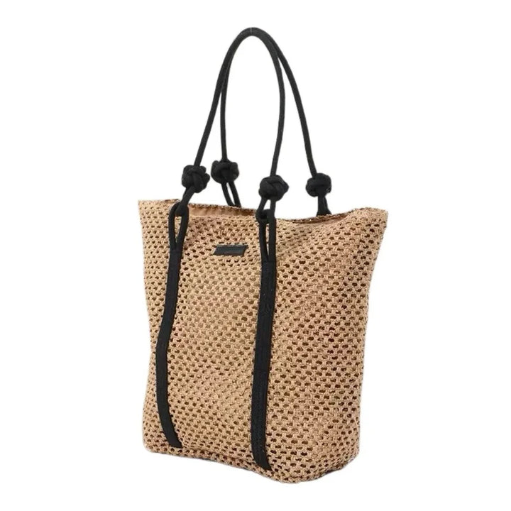 Handmade Straw Woven Bags Large Capacity Zipper Closure Beach Handbags Top-Handle Solid Color Women&
