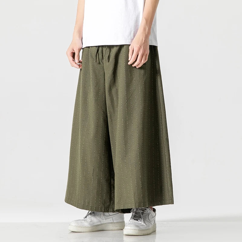 Cotton Linen Men’s Loose Wide Leg Pants Stripe Casual Jogging Trousers Men Harem Pants Fashion Japanese Streetwear Plus Size 5X