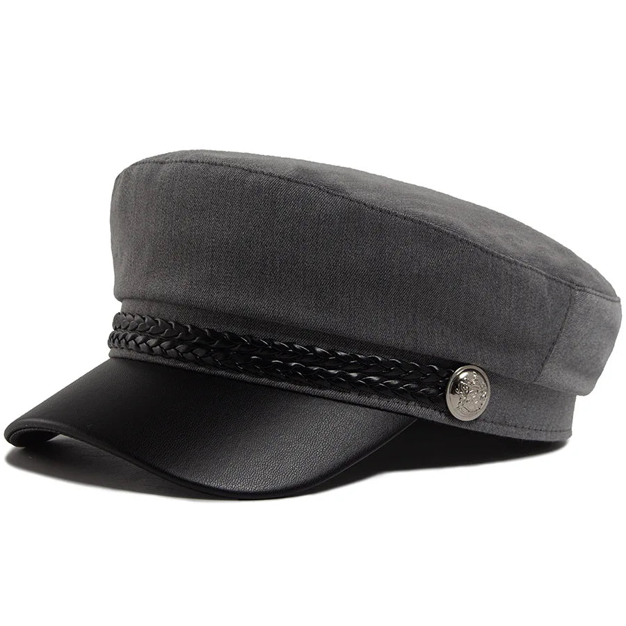 Flat Top Newsboy Cap Streetwear Women Vintage Sailor Cap Daily Wear British Style Cadet Cap PU Leather Brim Peaked Beret Travel
