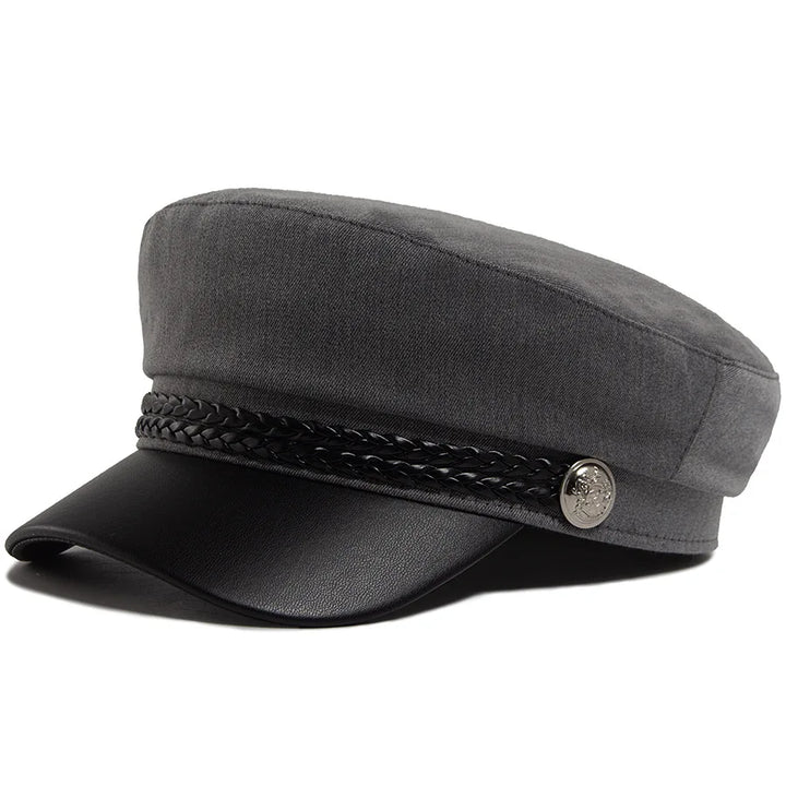 Flat Top Newsboy Cap Streetwear Women Vintage Sailor Cap Daily Wear British Style Cadet Cap PU Leather Brim Peaked Beret Travel