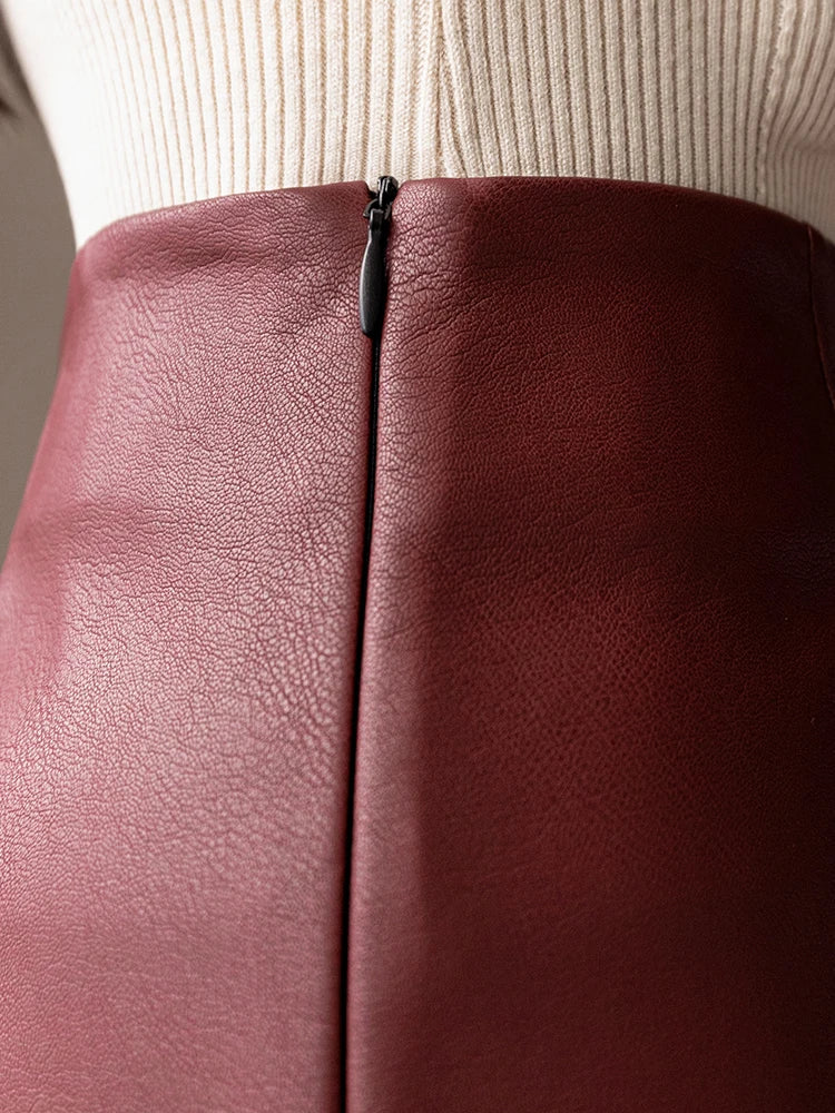Vintage PU Leather OL Pencil Short Skirts Women High Waist Knee Length Skirts Black Wine Red Slim-Fit Split Bodycon Skirts 2024