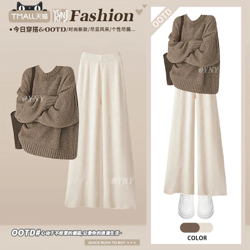 Loose Knitted Sweater And Wide Leg Pants Two Piece Set for Women Autumn Winter Comfortable Style plus Size Retro Casual Outfit