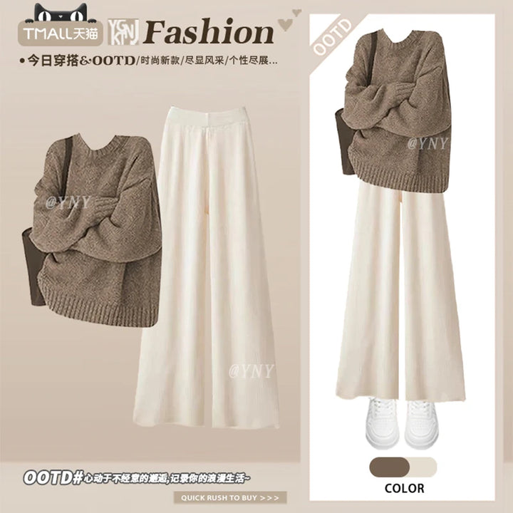 Loose Knitted Sweater And Wide Leg Pants Two Piece Set for Women Autumn Winter Comfortable Style plus Size Retro Casual Outfit