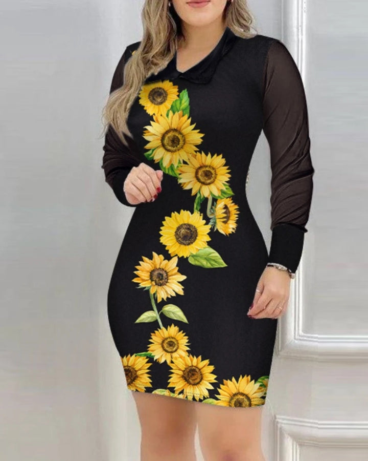 Elegant  Dress For Women Fall Mesh Long Sleeve Turn-down Collar Printed Dress