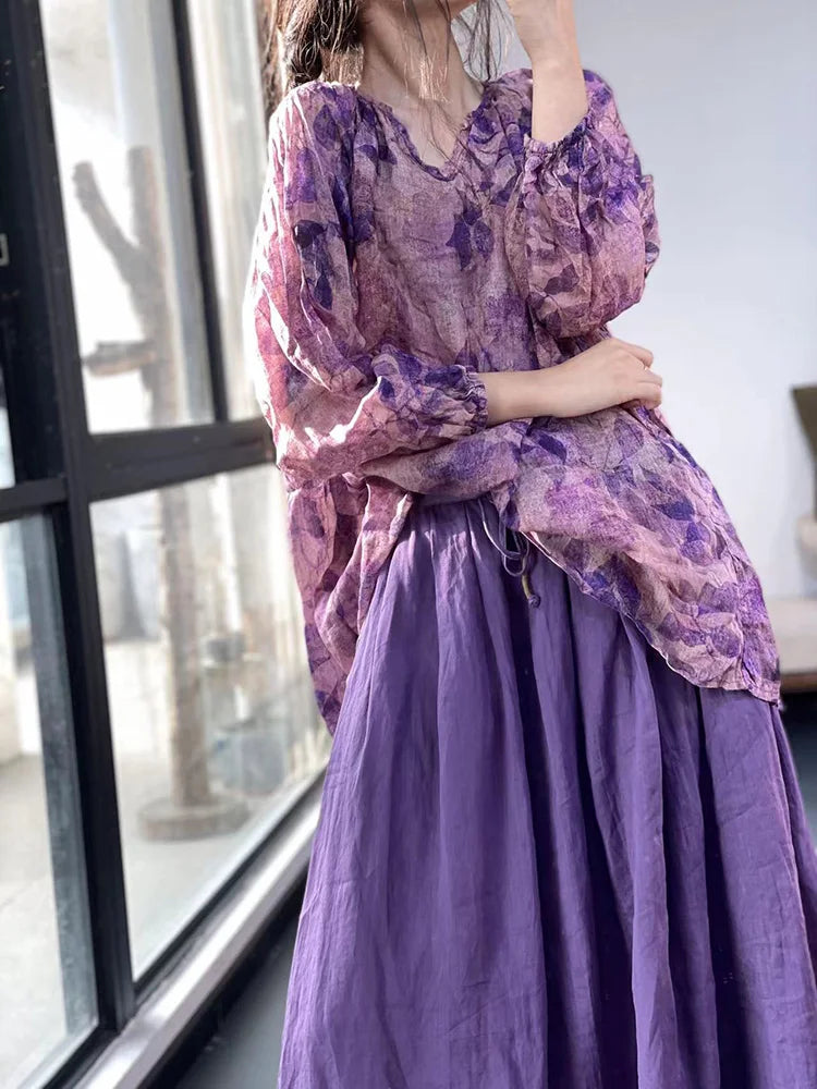 Slimming Printed Cotton Linen f Skirt And irt Two-Piece Set Summer 2023 Sweet Sle Loose Fit Long Sve round Ne
