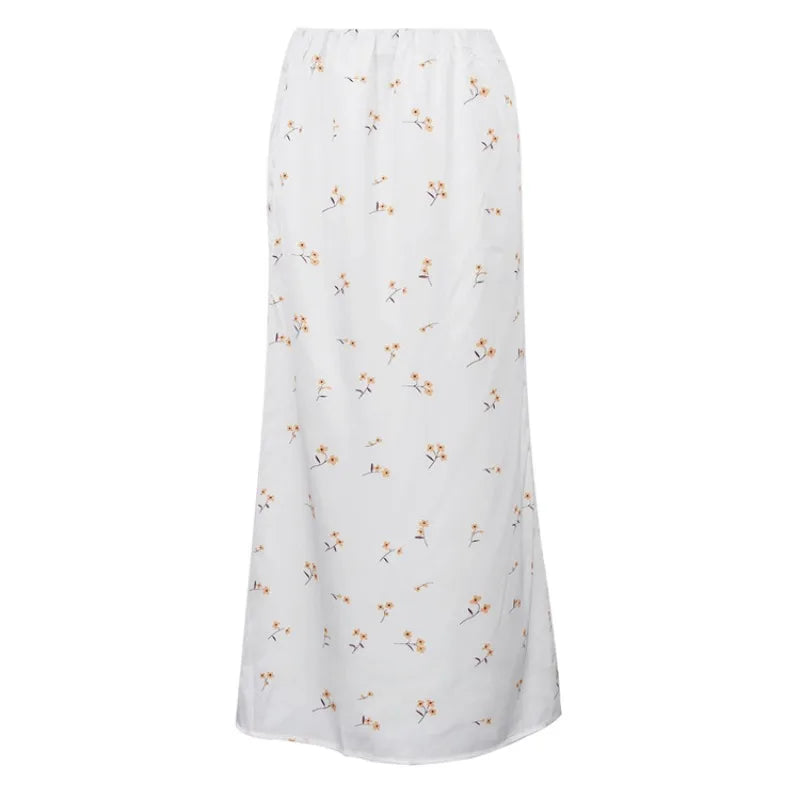 Women Satin Floral Print Midi Skirt High Elastic Waist Casual Long Skirt Summer Elegant Office Commuter A-Line Silky Dress Skirt