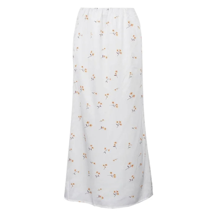 Women Satin Floral Print Midi Skirt High Elastic Waist Casual Long Skirt Summer Elegant Office Commuter A-Line Silky Dress Skirt