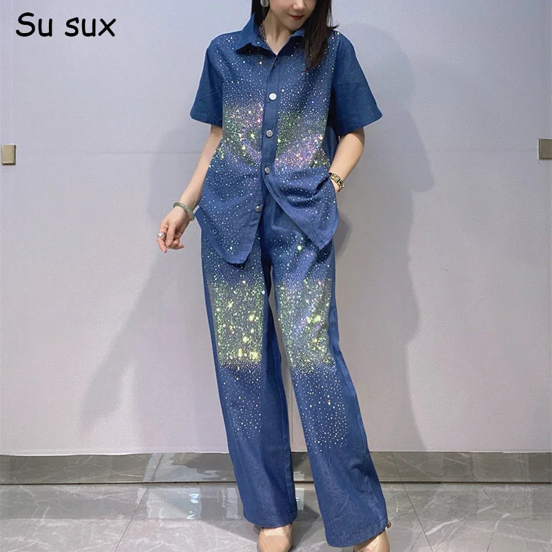 Denim Sequins Turn Down Short Sleeve Blouse &amp; Wide Leg Pant 2 Piece Sets Woman Outfits Jeans Casual Oversized Matching Sets