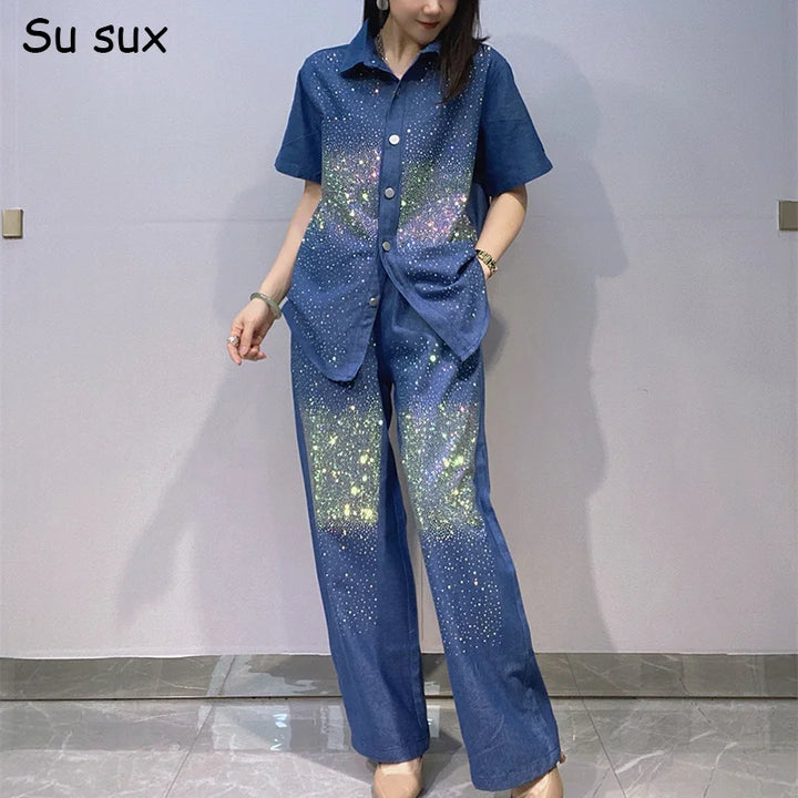 Denim Sequins Turn Down Short Sleeve Blouse &amp; Wide Leg Pant 2 Piece Sets Woman Outfits Jeans Casual Oversized Matching Sets