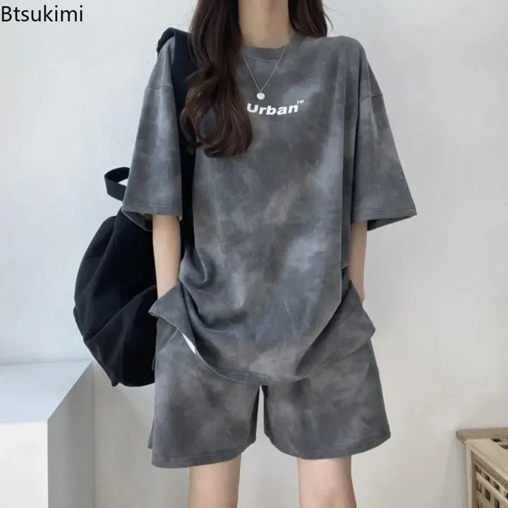 Women T-Shirt Shorts Suit Set Casual Tie Dye Loose Tshirt and Wide Leg Middle Shorts with Pockets Female Soft Summer Shorts Sets