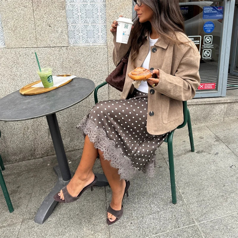 Women Vintage Elegant Lace Satin Spliced Midi Skirts Sexy Dots Print High Waist Retro Casual Straight Midi Skirts Streetwear