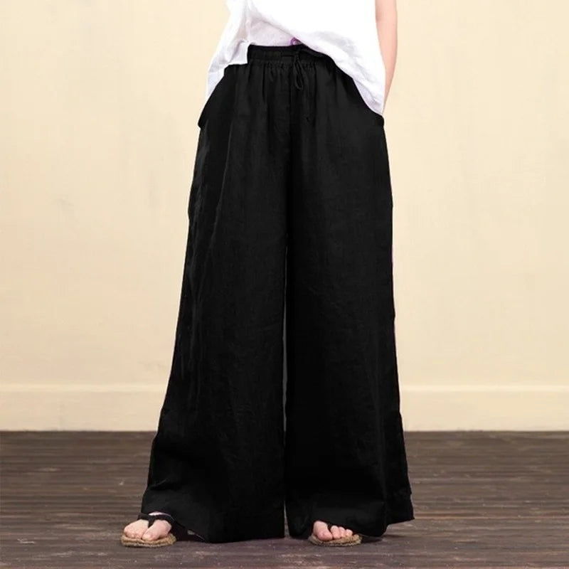 Women Wide Leg Pants Solid Loose Length Pants Cotton Linen Elastic Waist Casual Pants Vintage Mid Waist Pants 5XL