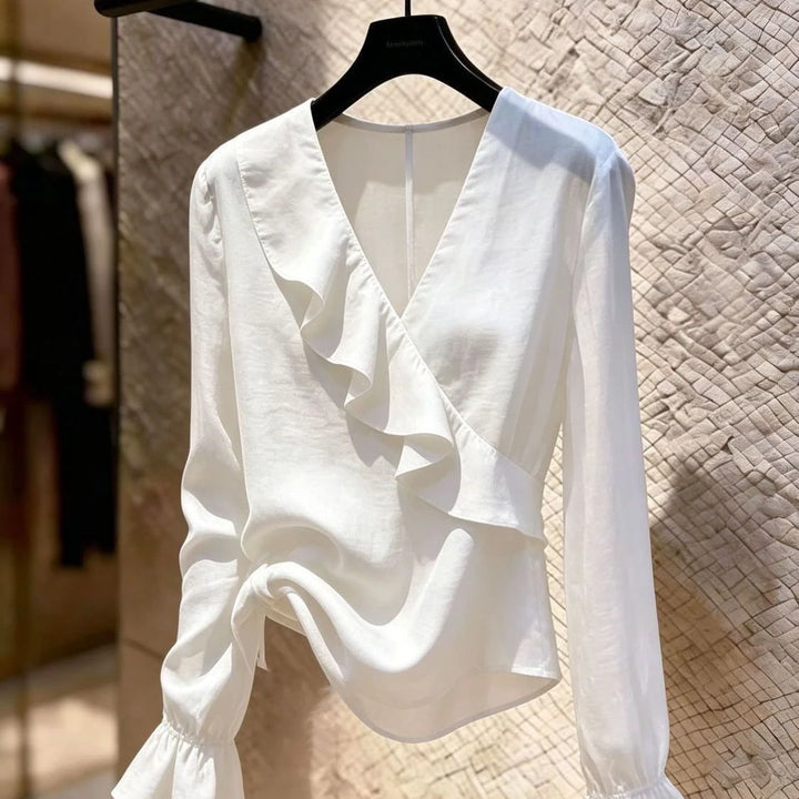 Elegant White V-Neck Shirt with Ruffle Sleeves Long Sleeve Versatile Slimming Women&
