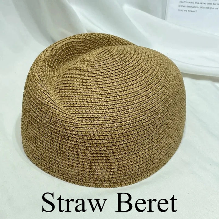 Women Vintage Straw Beret Hat Summer   Fedora Sun Cap Hostess Pillbox Hat Millinery Fascinator Base  Wedding Cocktail Party
