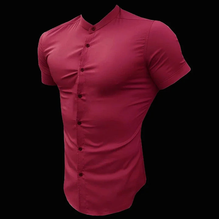 Mens Short Sleeve Shirt Summer Plain Slim Fit Dress Shirts Fitness Men Gym Clothing Fashion Casual Social Stand Business Shirts