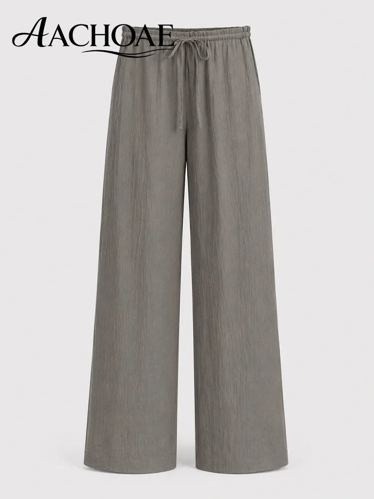 Women Linen Wide Leg Pants Summer Beach Long Pants Casual Drawstring Loose Beach Trousers