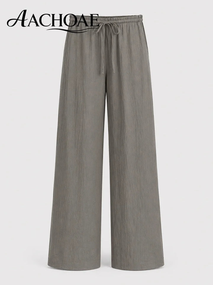 Women Linen Wide Leg Pants Summer Beach Long Pants Casual Drawstring Loose Beach Trousers
