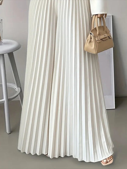 Missuoo Women‘s High Waist Elastic Waist Pleated Wide Leg Pants 2026 Summer Solid White Flowy Floor Length Palazzo Trousers