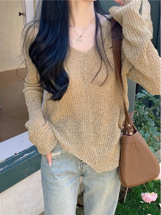 Lightweight V-Neck Knitted Top for Women Spring Summer Loose Fit Sun Protection Yellow Color Commute Style Korean Version