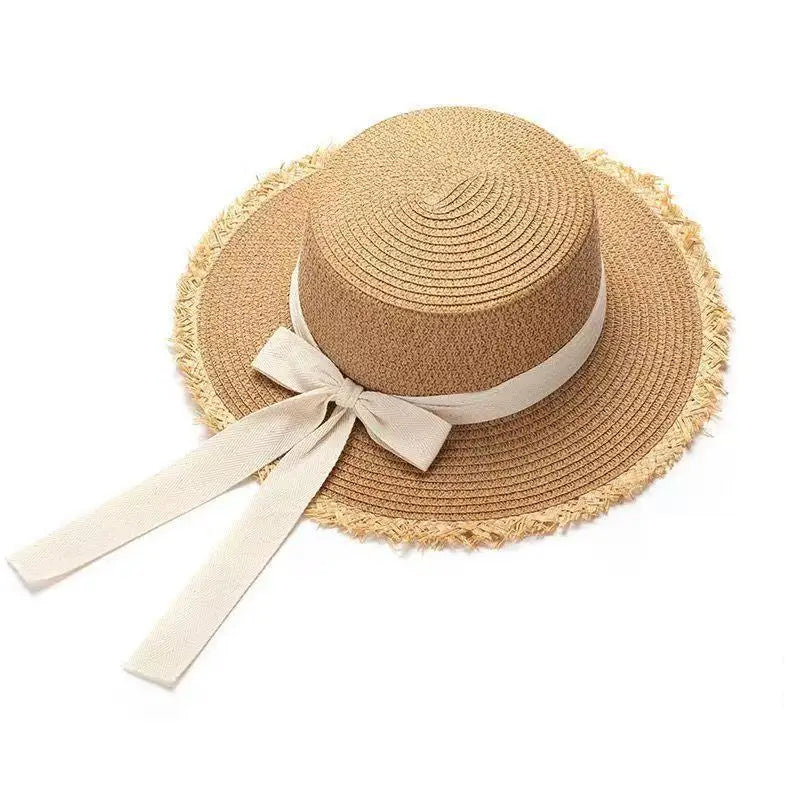 Straw Hat Women French Style Flat Top Wide Brim Sun Protective Hat Summer Beach Vacation Travel FashionHot