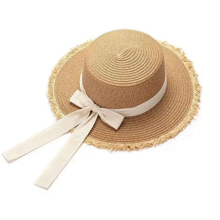 Straw Hat Women French Style Flat Top Wide Brim Sun Protective Hat Summer Beach Vacation Travel FashionHot