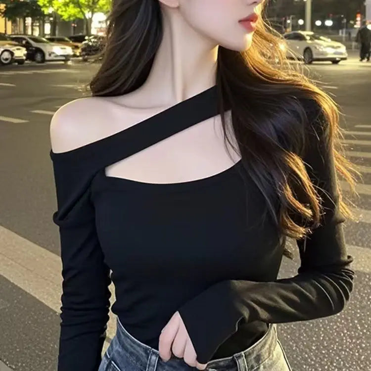 French Off-Shoulder Oblique Collar Long Sleeve Top Women Autumn New Fashion Slimming Versatile T-Shirt