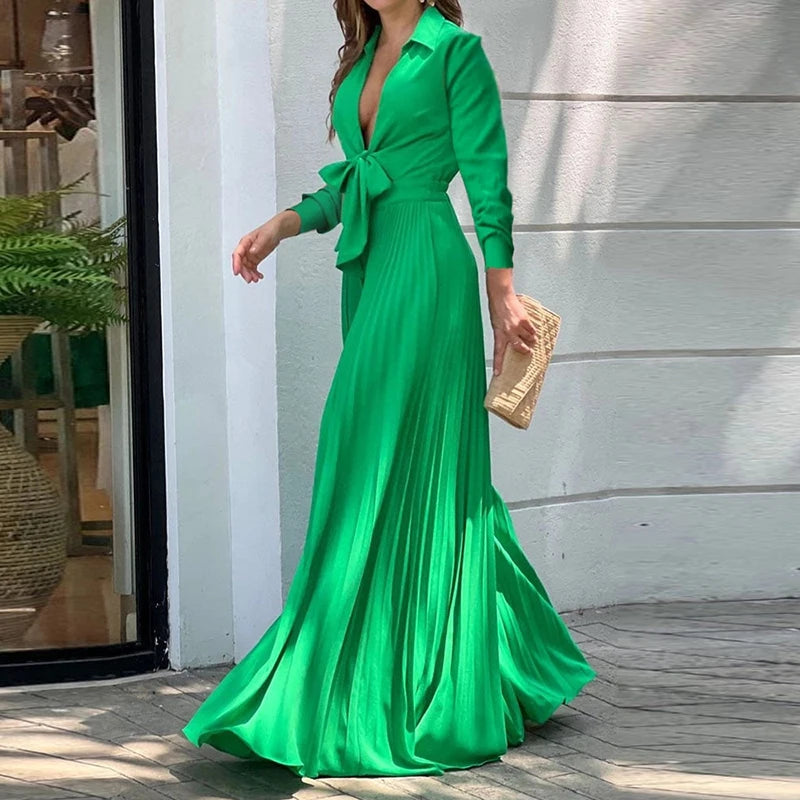 Elegant Maxi Dresses For Women V Neck Lace Up Flower Print Casual Long Sleeve High Waist Long Dress Boho