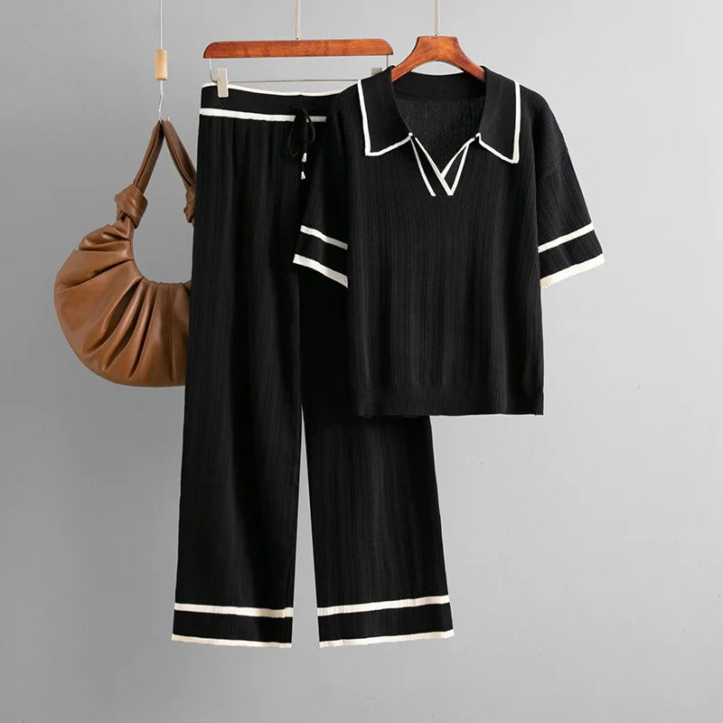 Knitting 2 Piece Sets Women Top Polo Shirt Suit Wide Leg Straight Pants Outfits Lace Up Casual Knitwear Ensemble 2025 Summer