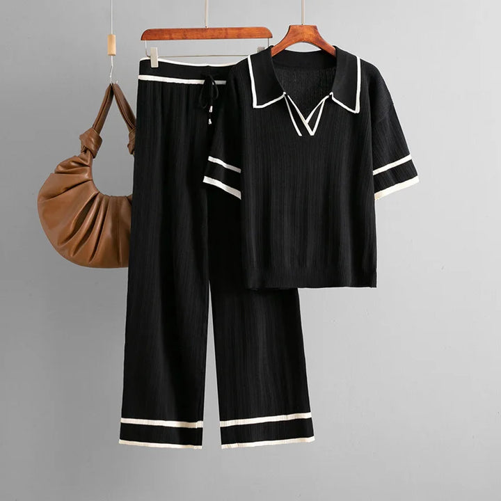 Knitting 2 Piece Sets Women Top Polo Shirt Suit Wide Leg Straight Pants Outfits Lace Up Casual Knitwear Ensemble 2025 Summer