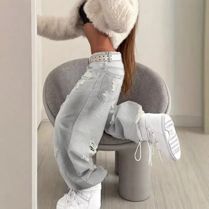 Women Jeans Pants American High Street Ripped Straight Wide-Leg Jeans For Women Design Tie-Dye Jazz Dance Cargo Full Thin Jeans