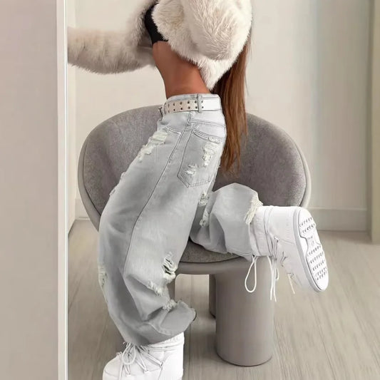 Women Jeans Pants American High Street Ripped Straight Wide-Leg Jeans For Women Design Tie-Dye Jazz Dance Cargo Full Thin Jeans