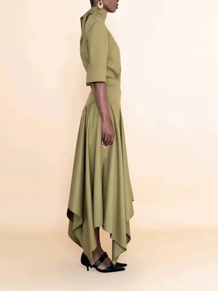 Women's Formal Evening Gowns Red Asymmetric Skirt Evening Dresses Elegant Party Dresses Tie Neck Blouse & High Waist Maxi Set