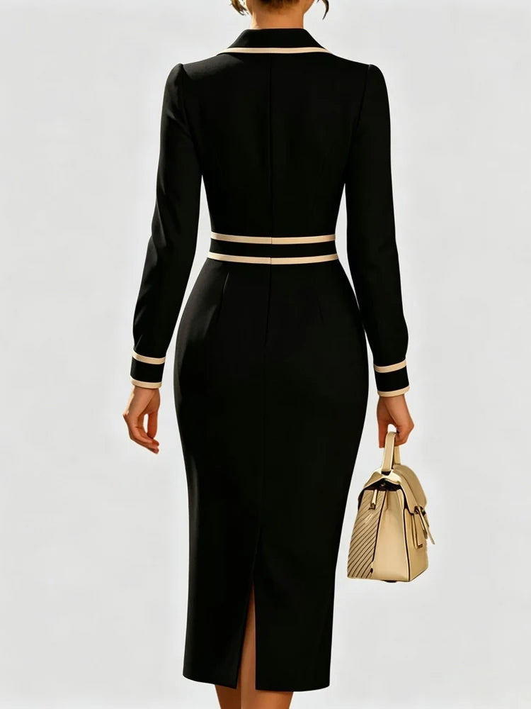 Fall Long Sleeve Party Dress Sexy Contrast Color Turn-down Collar Office Dress Women Casual Button High Waist Slim Bodycon Dress