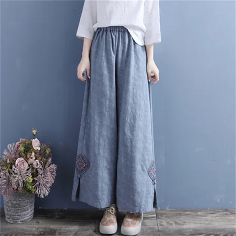Women Linen Wide Leg Pants Elastic Waist Embroidery Patch Split Hem Loose Casual Ankle Trousers