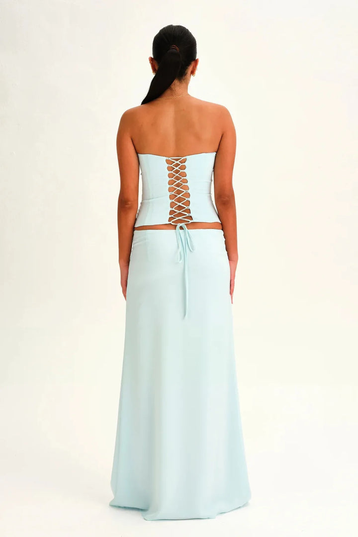 Elegant Strapless Tube Top and Maxi Skirt Two Piece Set Women Crop Top Tie Front Long Skirt Matching Sets Evening Party Vocation