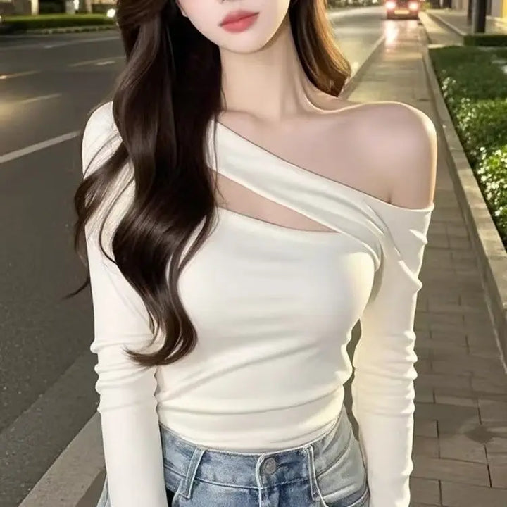 French Off-Shoulder Oblique Collar Long Sleeve Top Women Autumn New Fashion Slimming Versatile T-Shirt