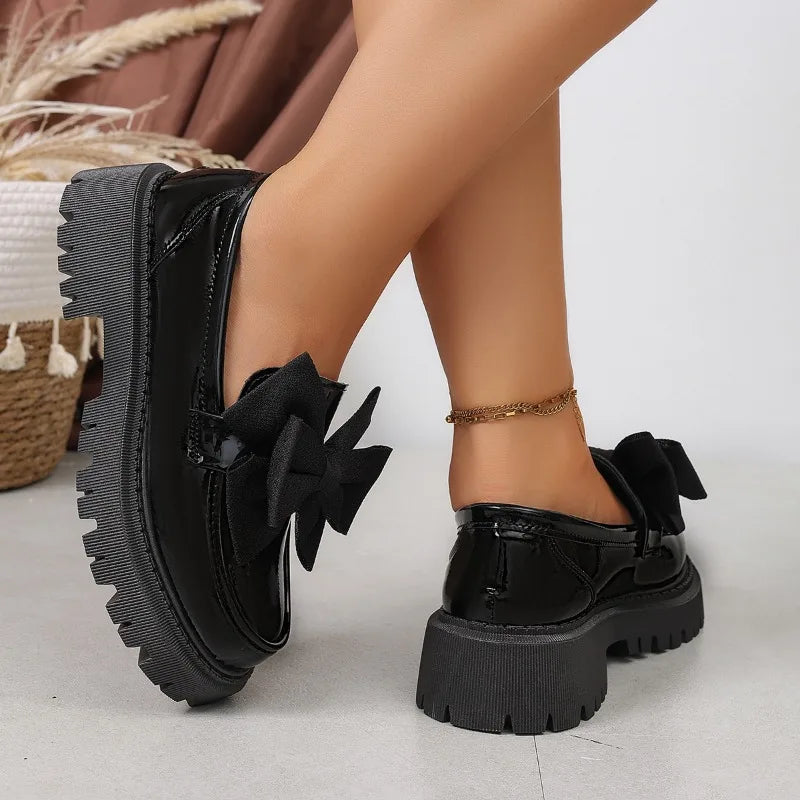 Women British Style Loafers bowknot Chunky Heel Leather Flats Autumn Slip-On Shoes Versatile Work Shoes Platform Oxford Shoes