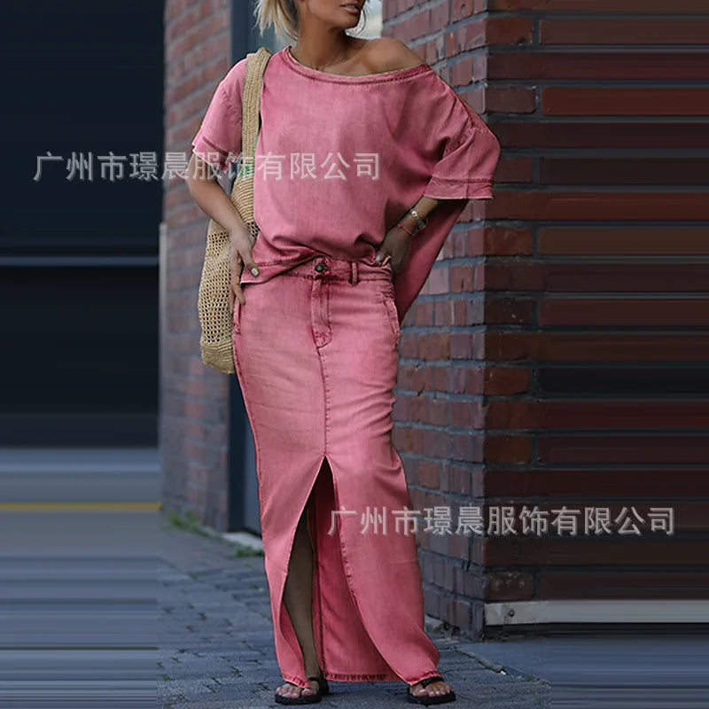 Summer Maxi Skirt Sets Women 2025 Fashion Long Sleeve Loose Tees Tops 2 Pieces Set For Woman Elegant