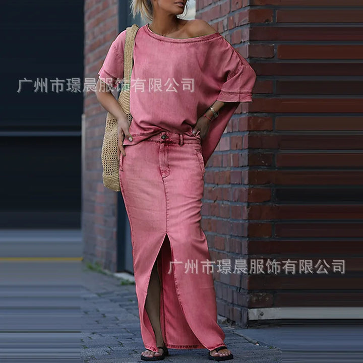 Summer Maxi Skirt Sets Women 2025 Fashion Long Sleeve Loose Tees Tops 2 Pieces Set For Woman Elegant